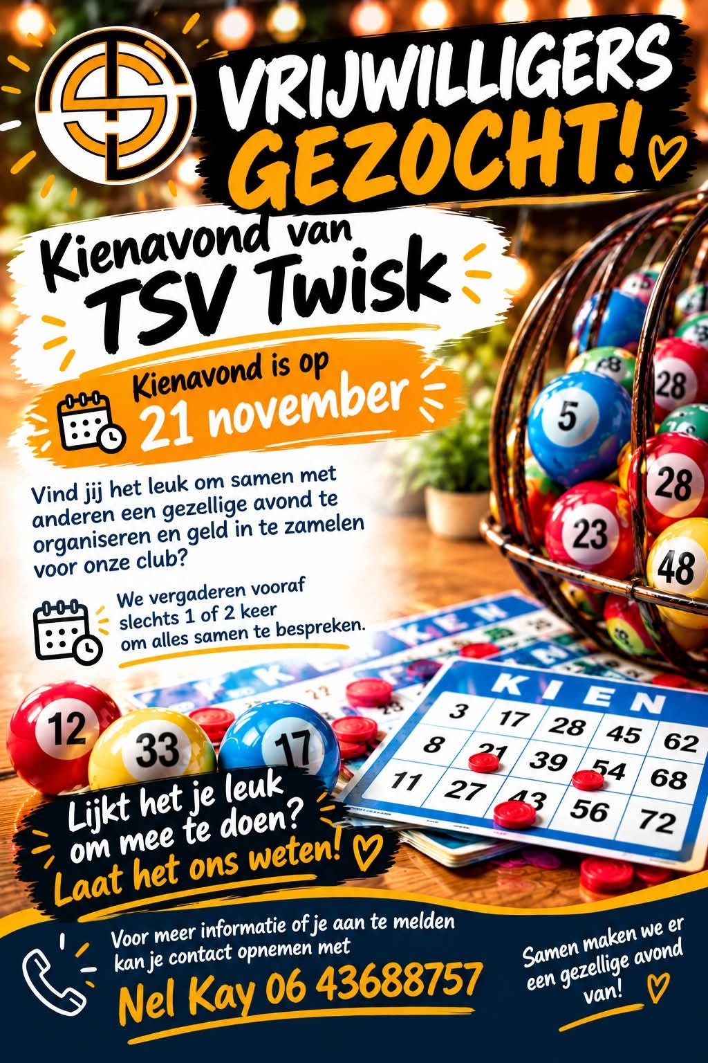 Vrijwilligers gezocht voor de Kienavond van TSV