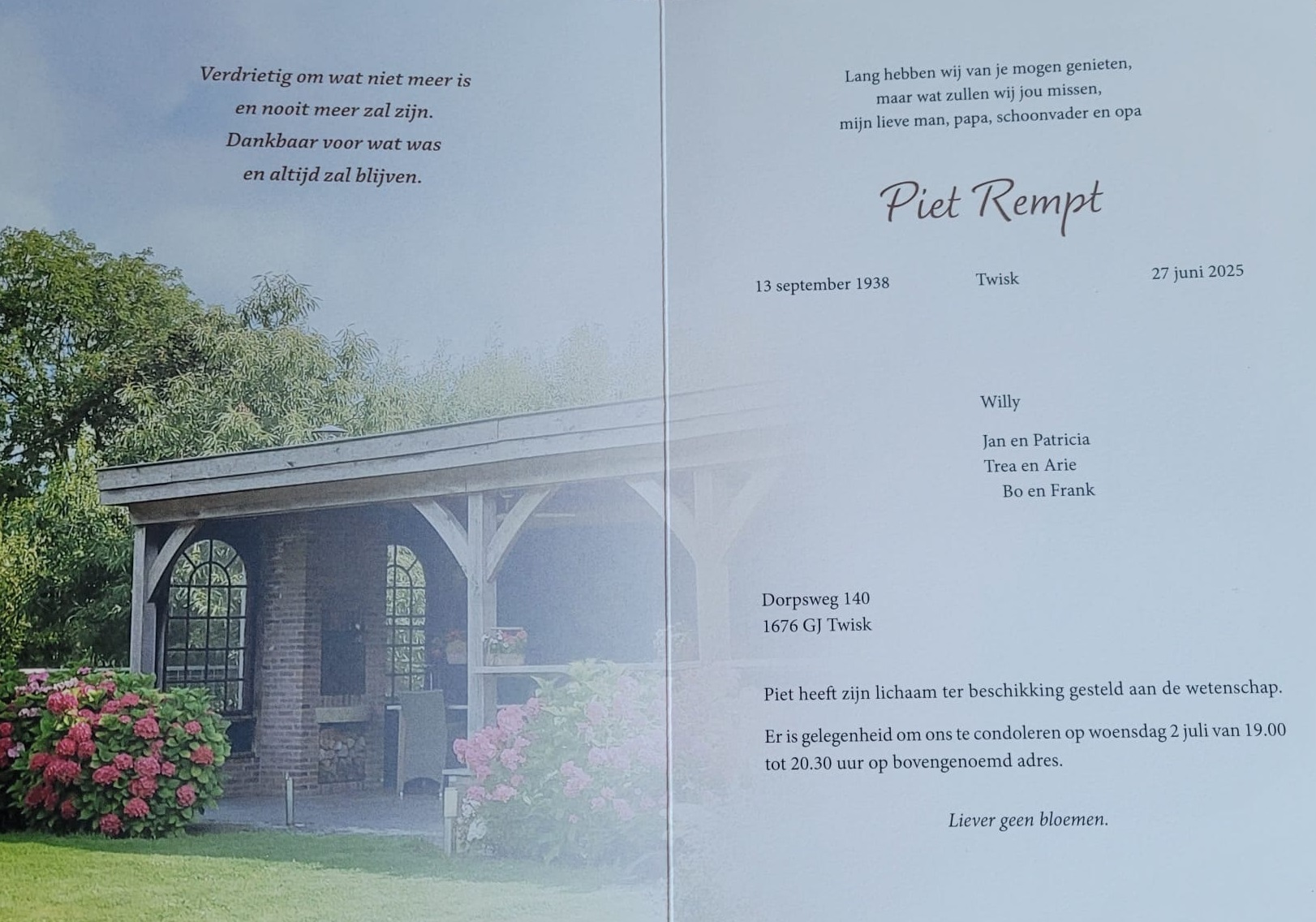 Erelid Piet Rempt overleden